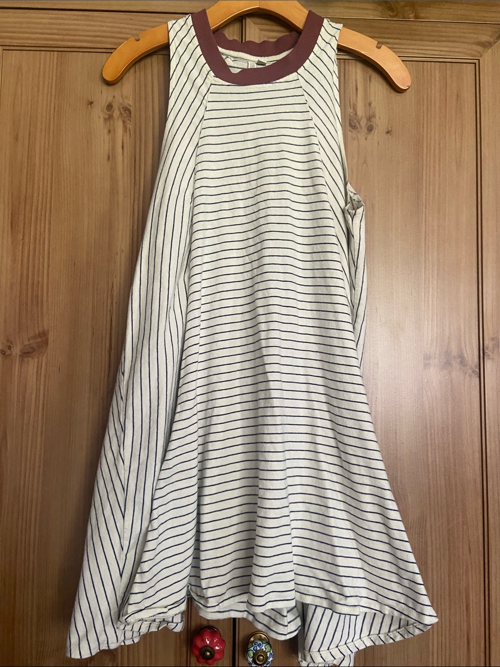 Element Eden Striped Cream Blue  Sleeveless Swing Tee Lake Dress Maroon Trim L